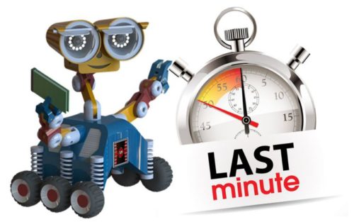 Robot z zabawkami i stoperem z napisem "LAST MINUTE". Kontekst: promocja, oferta.