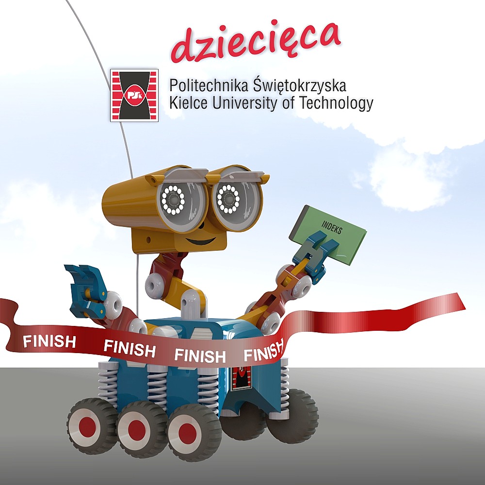 Kolorowy robot z kołami przecina czerwoną wstęgę z napisem "FINISH". Trzyma zieloną kartkę z napisem "INDEKS".