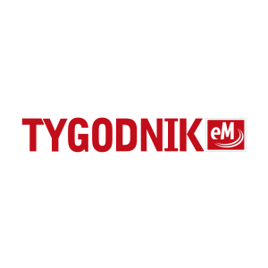 Logo "TYGODNIK eM" na białym tle. Tekst w kolorze czerwonym, z czerwonym kwadratem z białym "eM" po prawej.