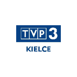 Logo TVP 3 Kielce. Widoczny niebieski prostokąt z napisem "TVP 3" i poniżej "KIELCE".
