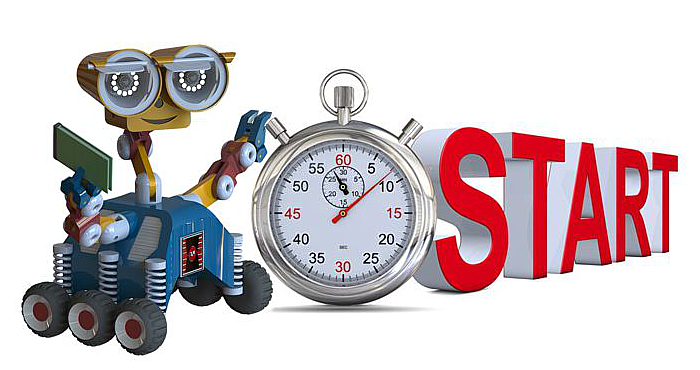 Robot, stoper i napis "START". Kontekst: rozpoczęcie, czas.