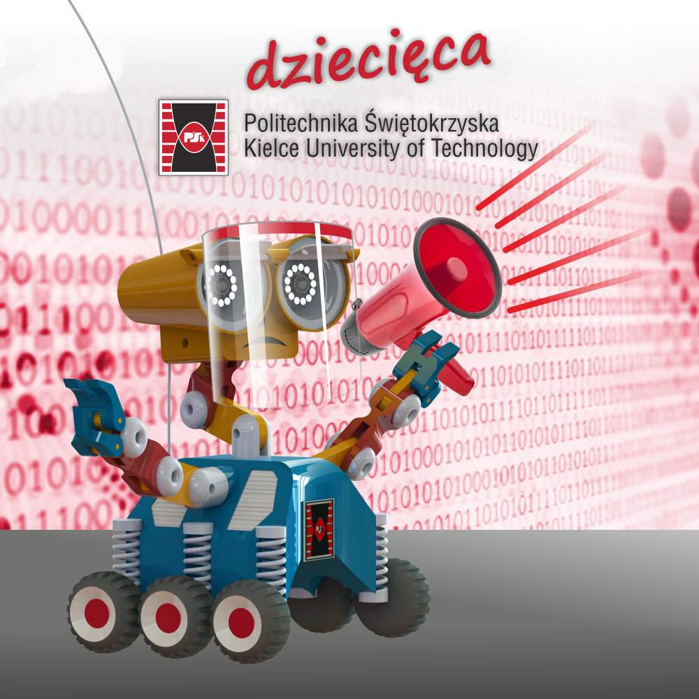 Robot z głośnikiem i logo Politechniki Świętokrzyskiej. Tło z kodem binarnym.