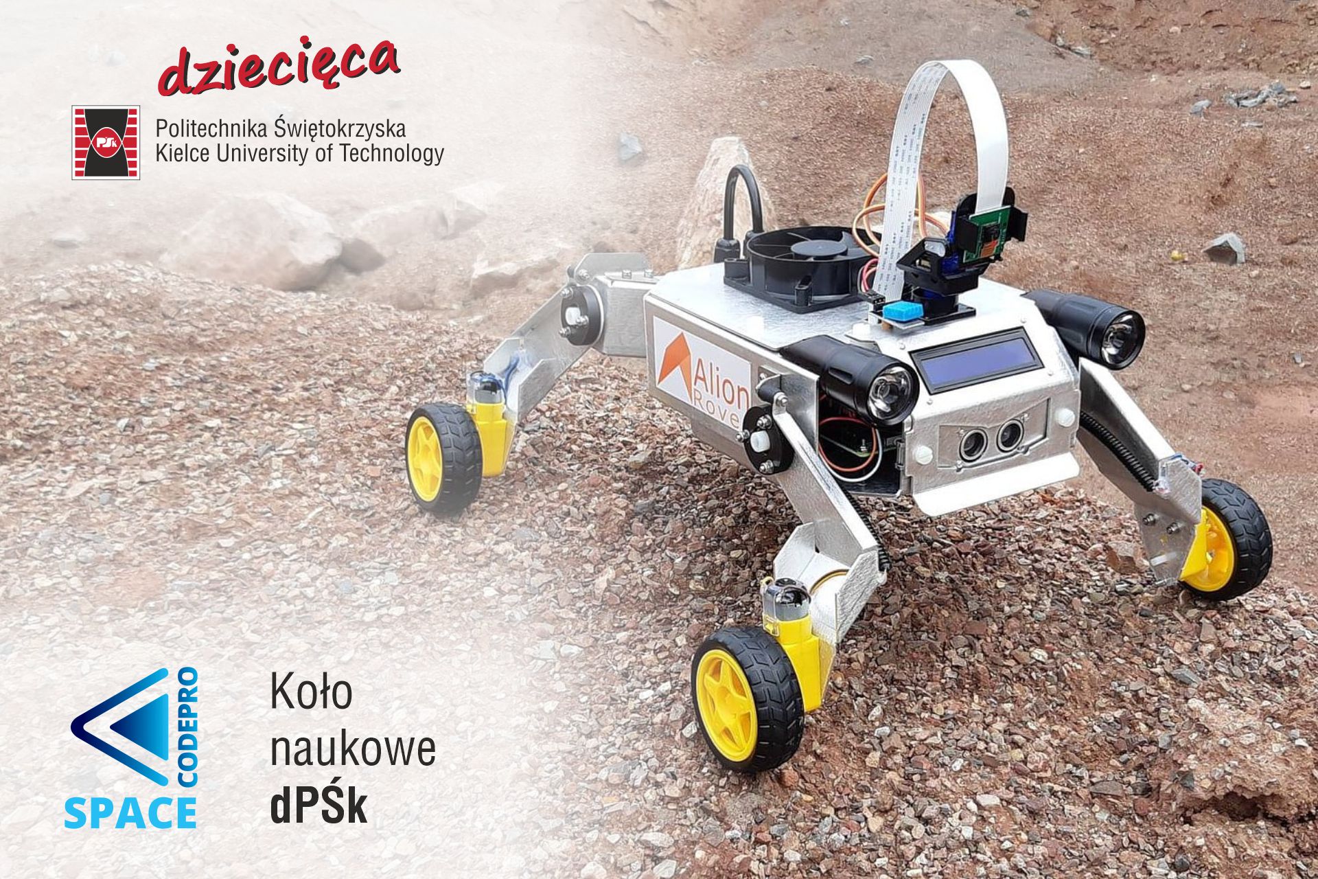 Robot badawczy z żółtymi kołami na kamienistym podłożu. Logo Politechniki Świętokrzyskiej i koła naukowego.
