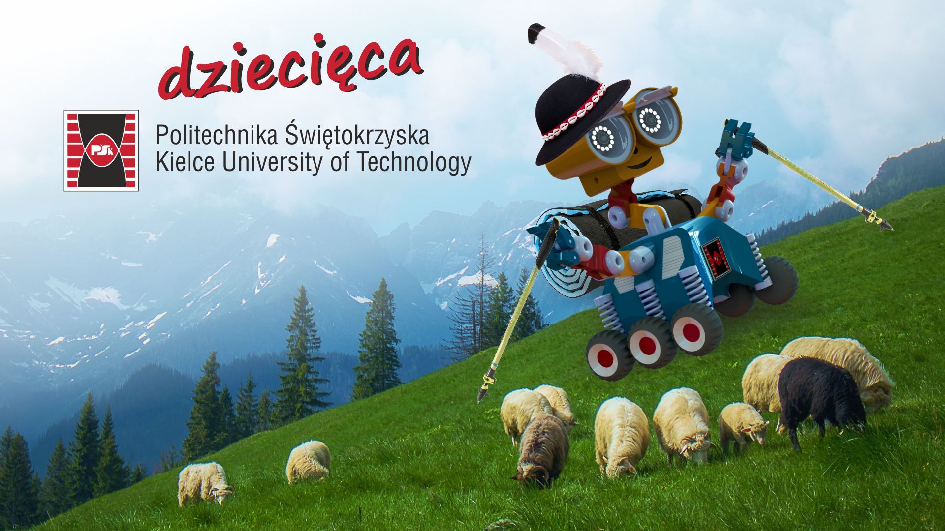 Robot w górskim krajobrazie, obok owiec. Logo Politechniki Świętokrzyskiej.