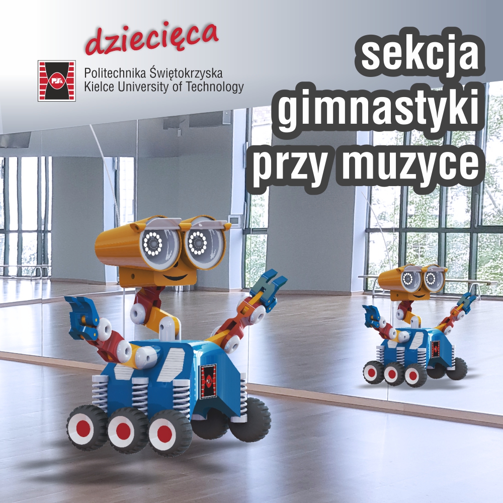 Dwa roboty-zabawki w sali gimnastycznej. Jeden robot jest w pełni widoczny, drugi odbija się w lustrze.
