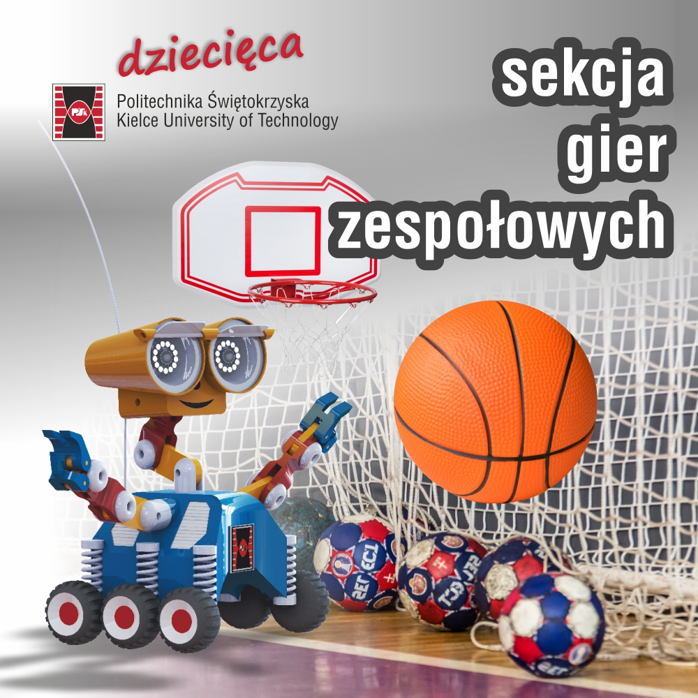 Robot, kosz do koszykówki, piłka do koszykówki i piłki ręczne. Kontekst: sekcja gier zespołowych.
