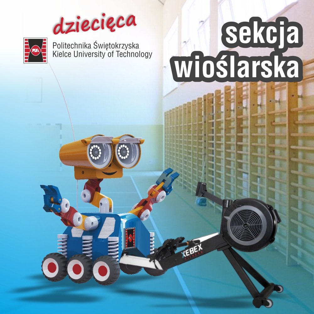 Kolorowy robot i wioślarski trenażer stoją na hali sportowej. Kontekst: Politechnika Świętokrzyska, sekcja wioślarska.