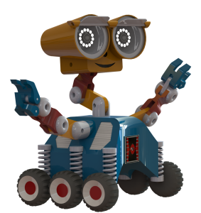 Żółto-niebieski robot z dwoma dużymi oczami, ramionami i kołami.