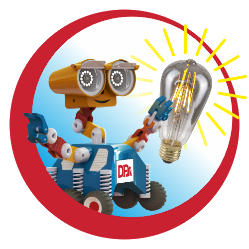 Robot z zabawkami trzyma żarówkę. W tle niebo.