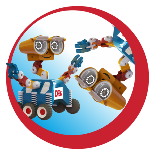 Dwa kolorowe roboty, jeden niebiesko-żółty z kołami, drugi żółty z ramieniem, w okręgu.