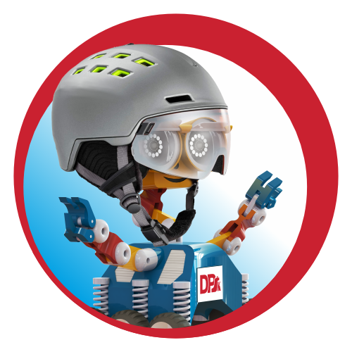 Robot z goglami i kaskiem narciarskim, otoczony czerwonym okręgiem. Kluczowe obiekty: robot, kask, gogle.