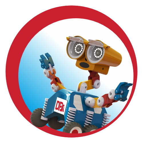 Kolorowy robot z dwoma kamerami jako oczami i ramionami. Na jego korpusie widnieje logo "DPK".