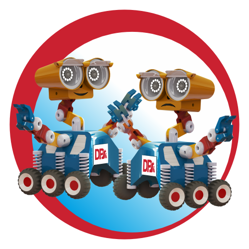 Dwa roboty z niebieskimi korpusami i żółtymi głowami, jeden z uśmiechem, drugi ze smutkiem.