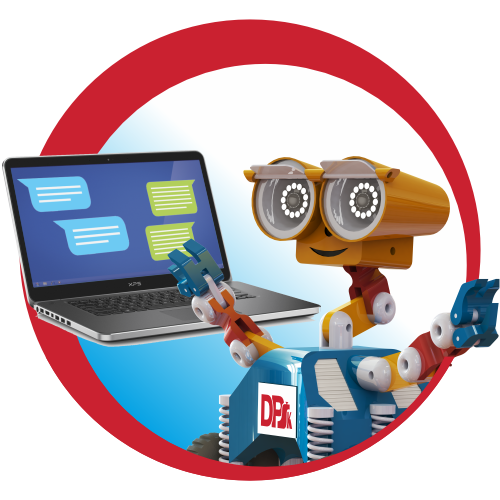 Robot z ramionami i kamerami obok laptopa z oknem czatu. Logo DPk na robocie.