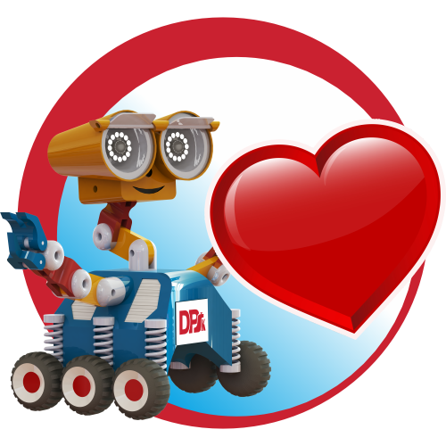 Robot z kamerami i sercem. Kluczowe obiekty: robot, serce, koła. Kontekst: symbolika.