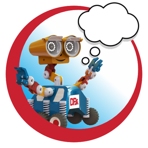 Kolorowy robot z kołami i chwytakami, ma chmurkę myśli. Logo DP.