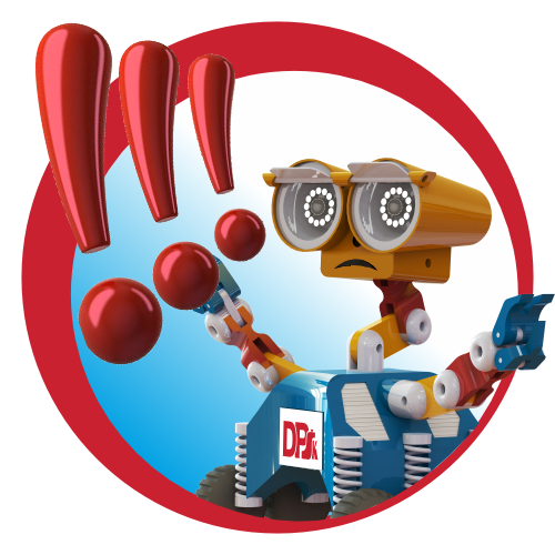 Robot z wielkimi oczami i ramionami, otoczony czerwonymi wykrzyknikami i kulkami. Logo DP.