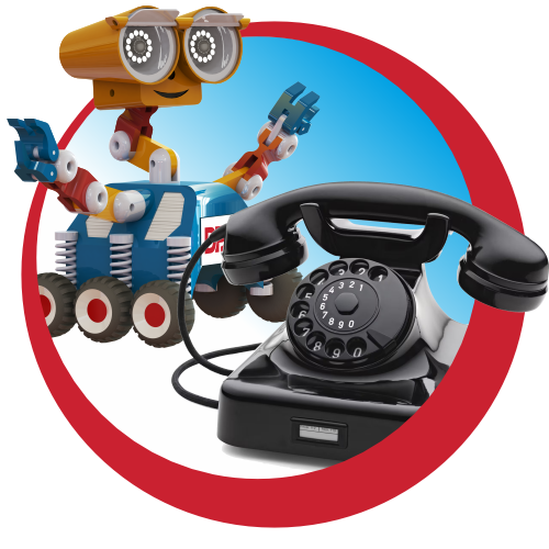 Kolorowy robot z kołami i ramionami obok czarnej słuchawki telefonicznej.